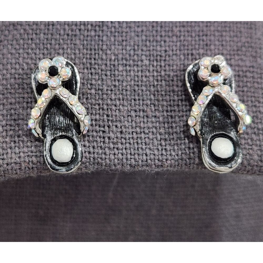 Black Rhinestone Sandal Design Stud Earrings 1" Detailed Lightweight